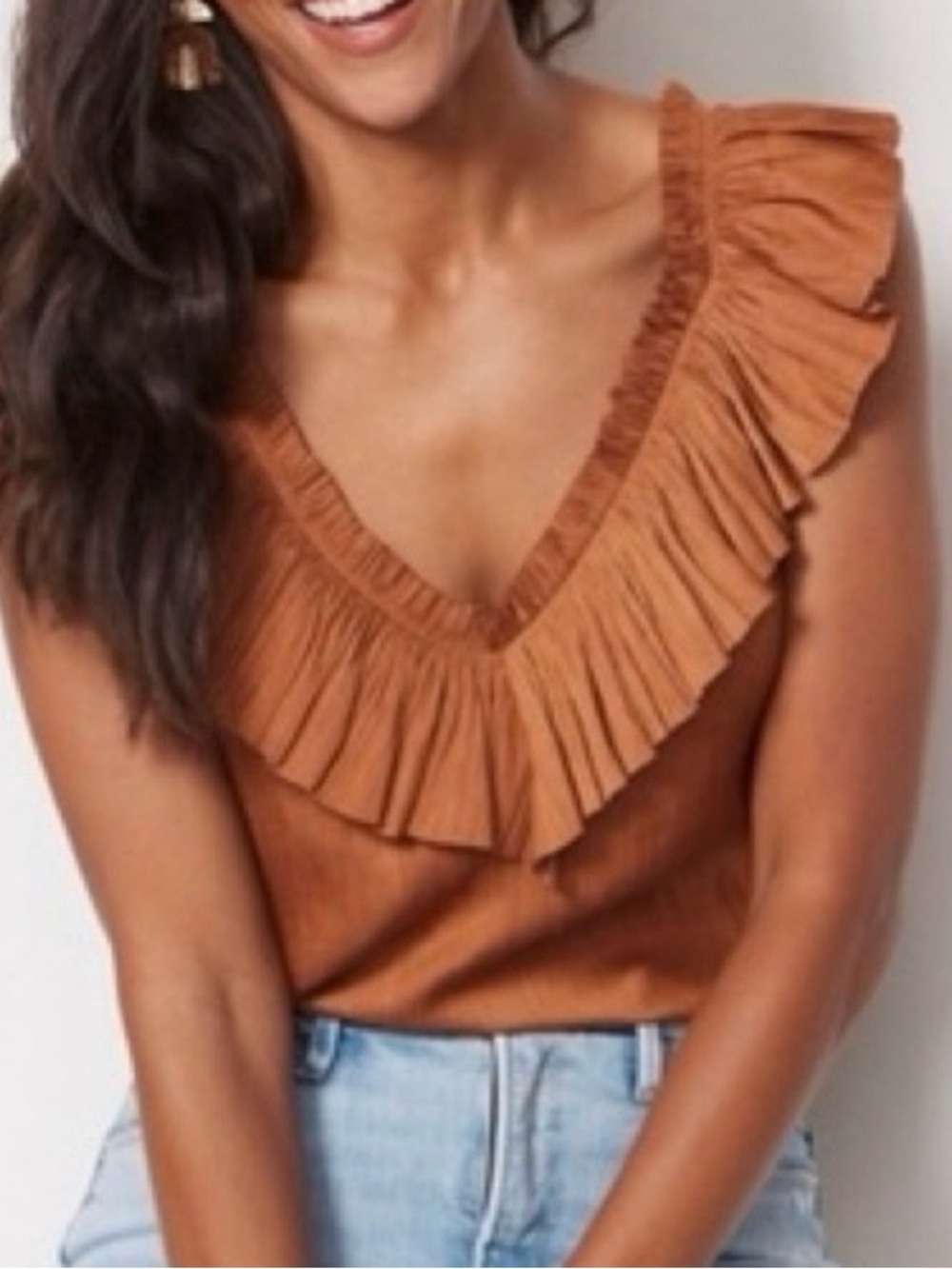 Evereve Dahlia Brown Bronze Ruffle Resortwear Boho Vacation Office Satin Tank M